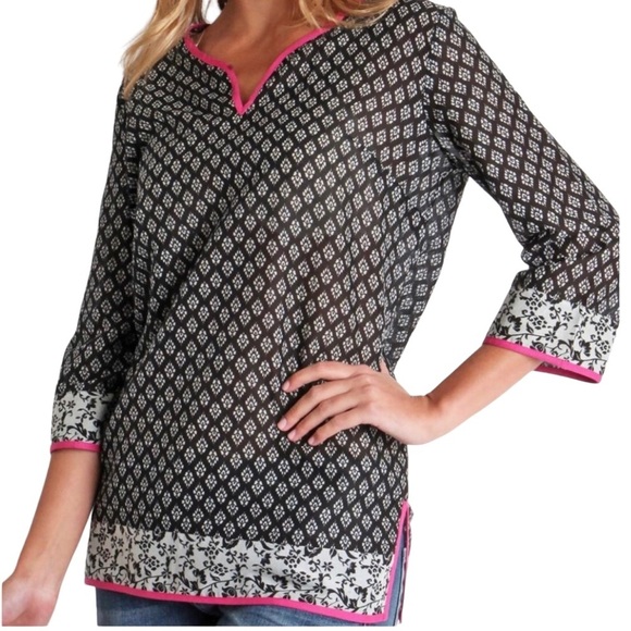 Kut from the Kloth Kwan V-Neck Tunic Shirt Blouse Small Black White Pink Light - Picture 2 of 12